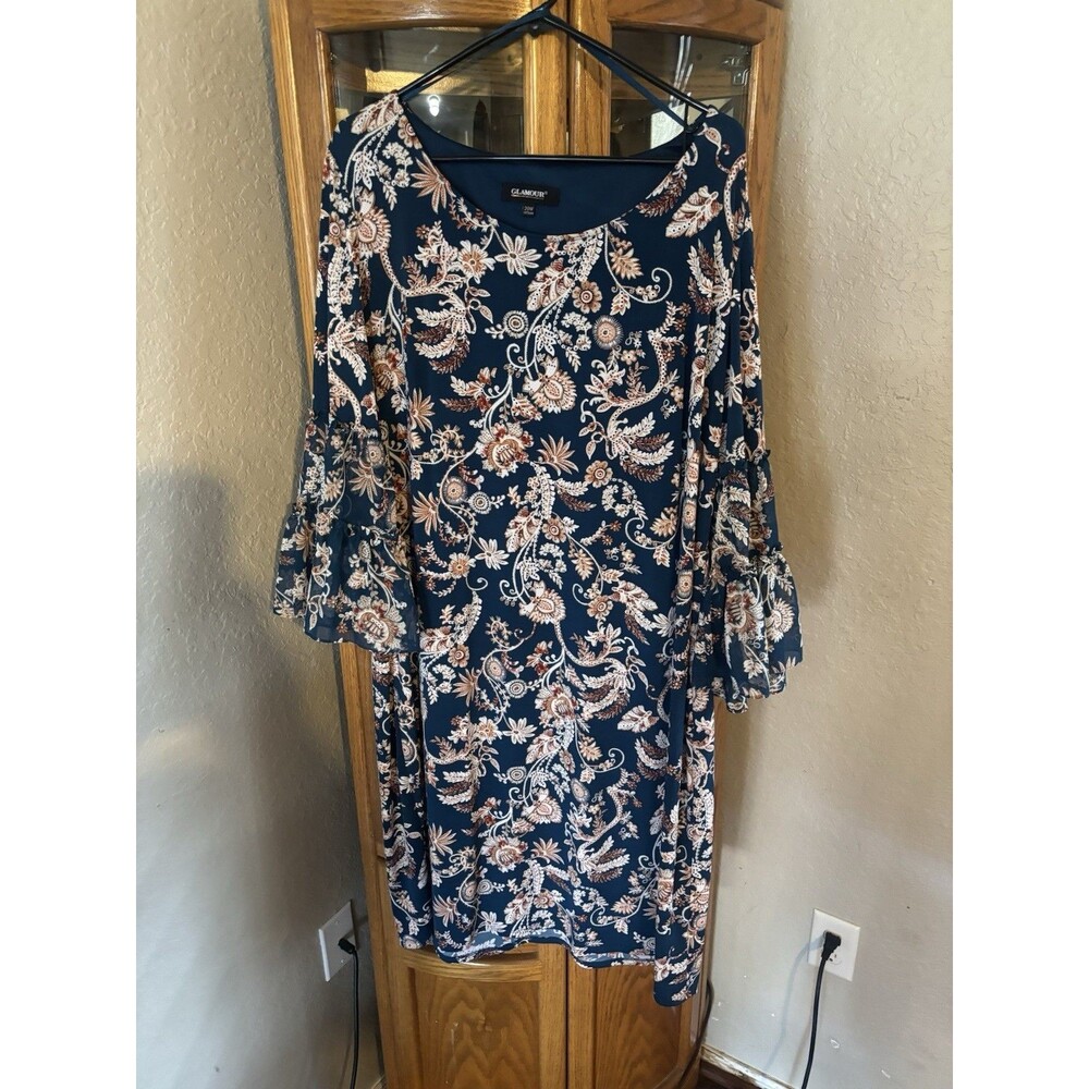 Glamour 20W Plus Size Boho Floral Bell Sleeve Knee Length Dress Blue Pink